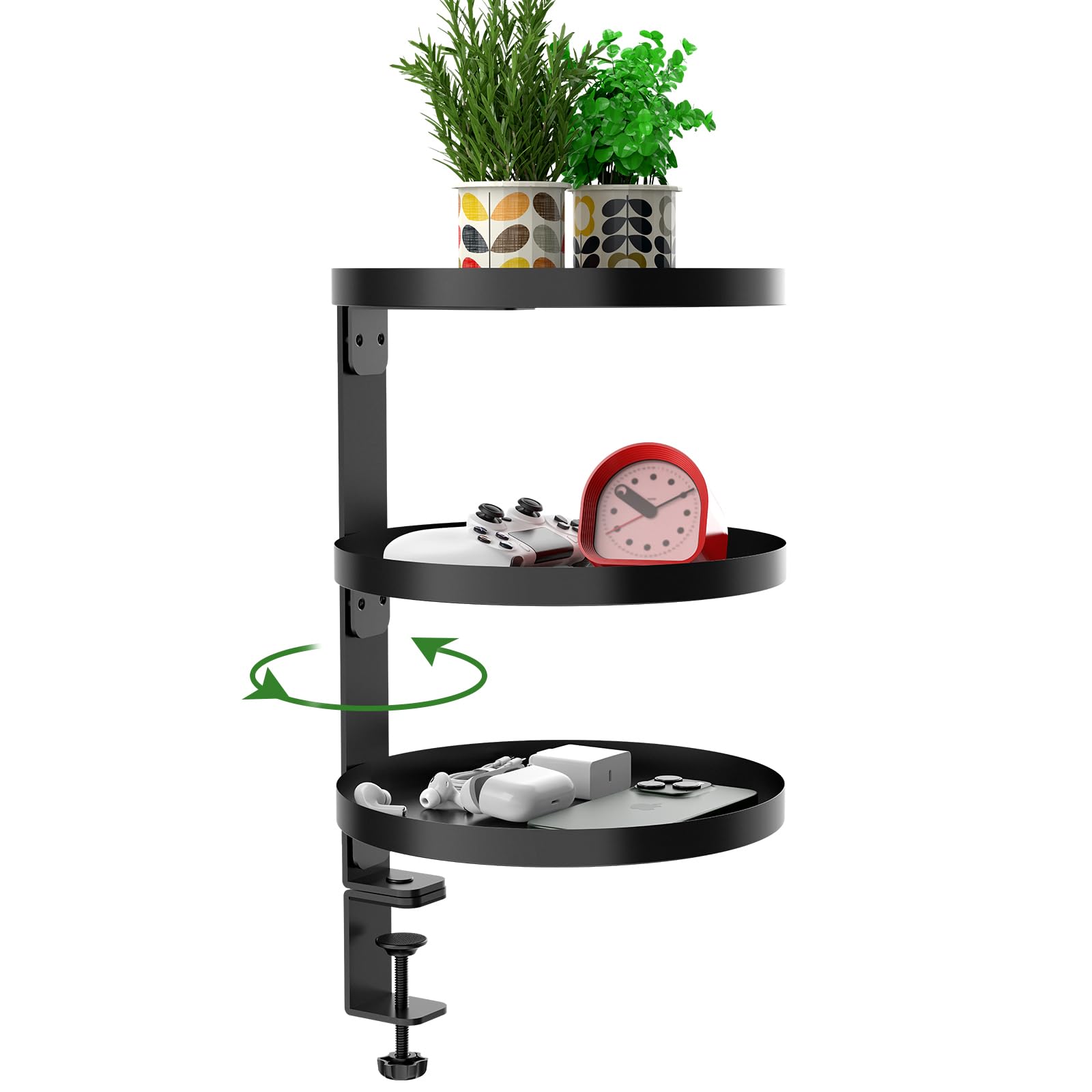 ROLIZOE 3 Tier Clamp On Desk Shelf Organiser with 25cm Adjustable Metal Storage Tray Above or Under Desk Storage 360 Rotating Shelving Rack No Drilling Anti-slip Desktop Display Shelf for Home Office