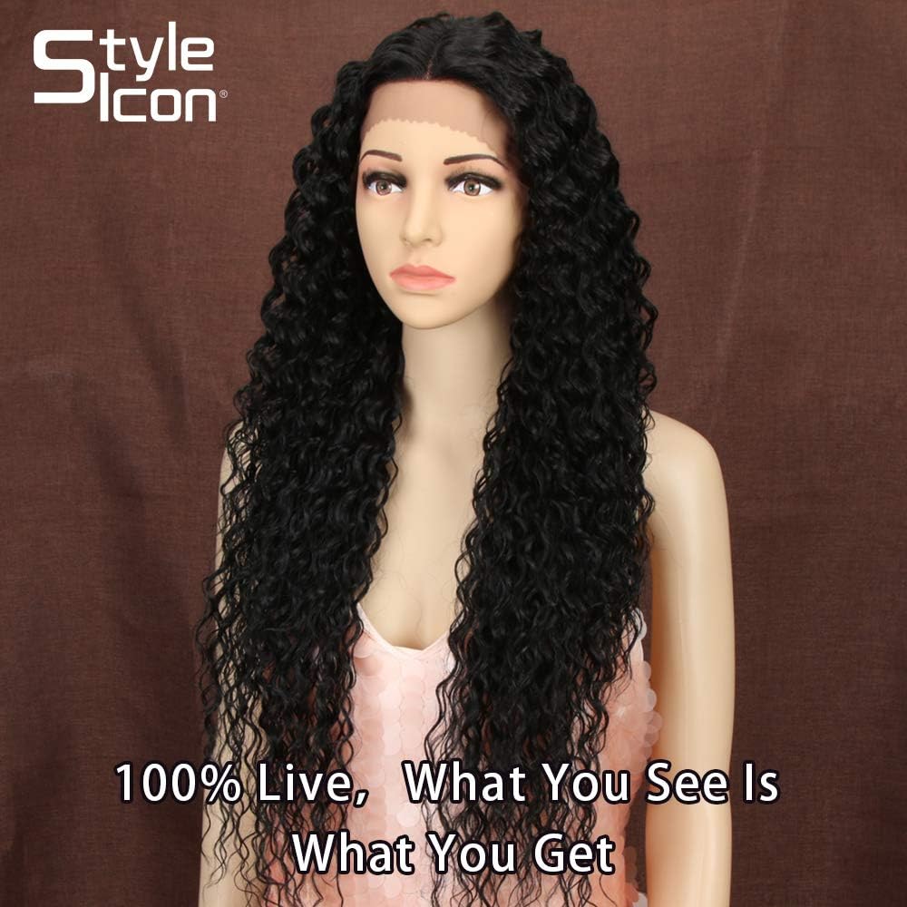 Style Icon Lace Front Wig 28 Inches Curly Synthetic Baby Hair Wigs For Women Heat Resistant Fiber, 1B - Image 3