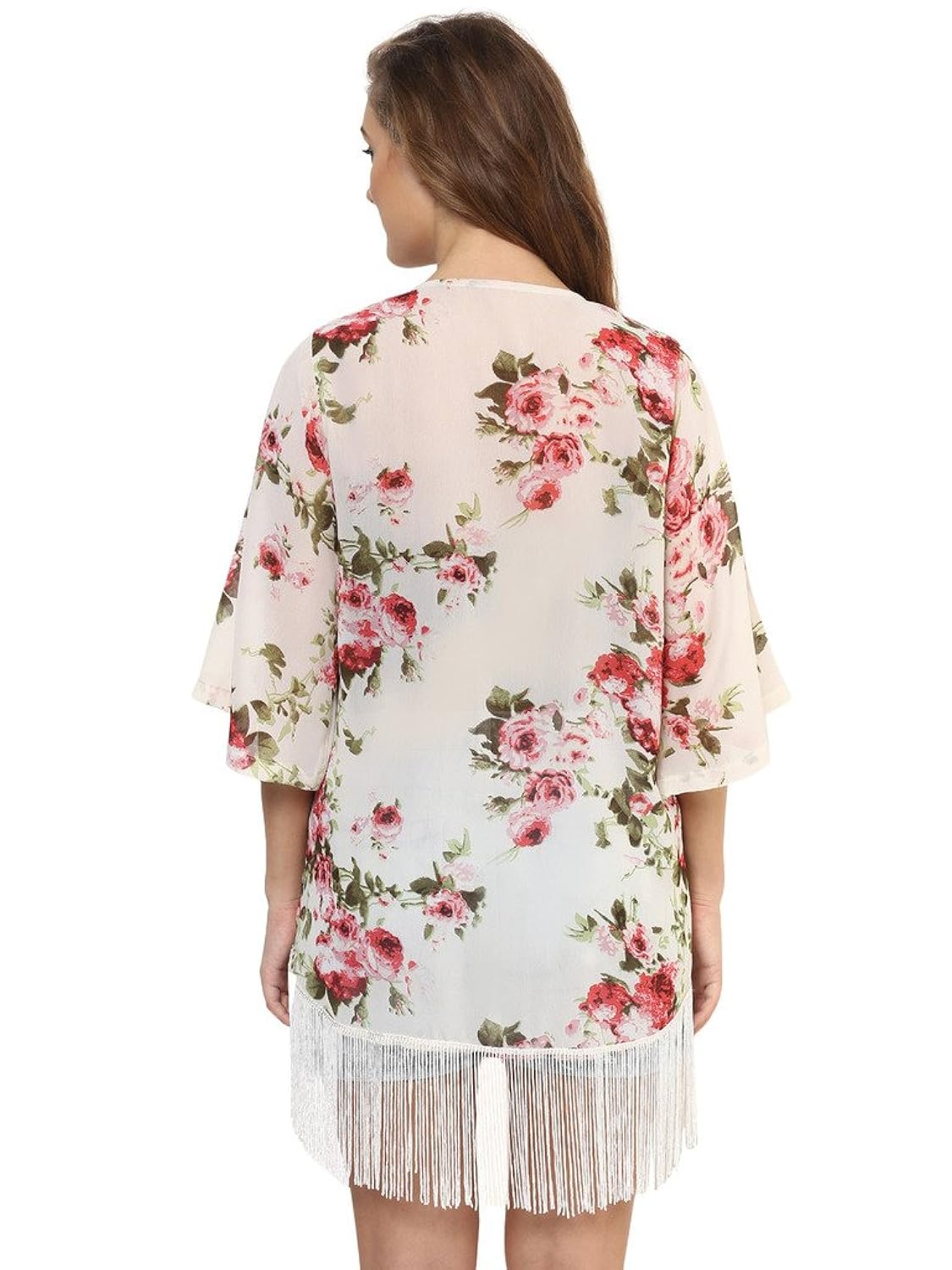 purys printed floral ivory fringe kimono