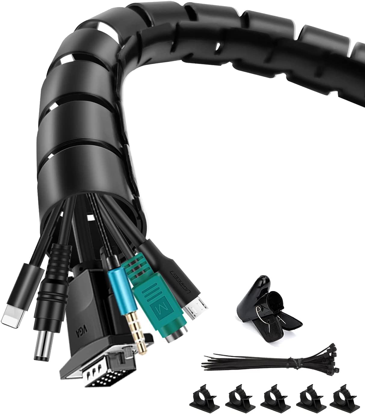 shinfly Cable Management Sleeve, 3m/9.8ft Wire Sleeve with 20pcs Zip Ties, 5 Adhesive Cable Clips, 1 Wire Guide Clip, ∅0.63"/16mm+∅0.87"/22mm Cable Tidy Tube Wire Organizer for TV PC Home, Black — image 1