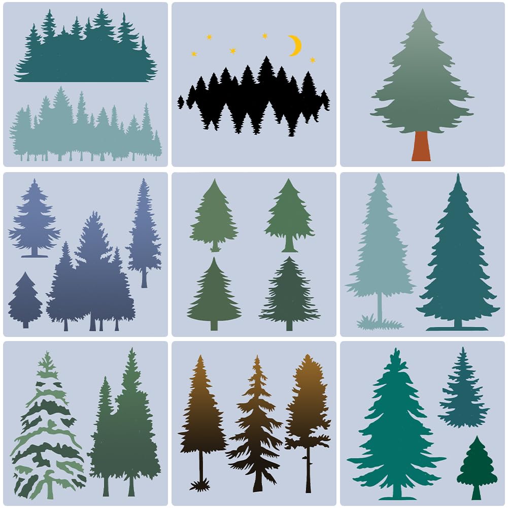 GORGECRAFT 9Pcs Christmas Tree Plastic Stencil Pine Drawing Template Winter Holiday Fir Trees Woodland Painting Templates for DIY Art Crafts Furniture Canvas Wood Home Decoration 19.8x19.9cm