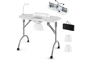 LDAILY Moccha Manicure Nail Table, Portable Nail Desk for Nail Tech w/Electric Dust Collector, Wrist Rest, USB-Plug LED Lamp, 4 Lockable Wheels, Carry Bag, Nail Desk for Home Spa Beauty Salon (White)