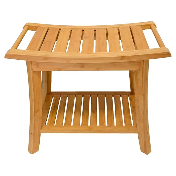 ZHUOYUE Bamboo Spa Bath Shower Stool & Bench with Storage Shelf