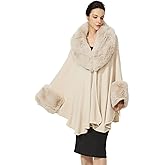 SUFCOMOU Women Cape Poncho with Fur Trim Winter Faux Fur Shawl Wrap Coat Sleeveless Cardigan Cloak