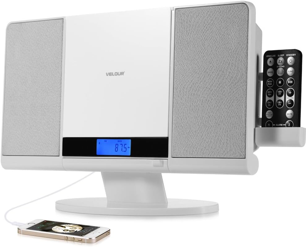 VELOUR Stereo System Slim Boombox with CD Player USB SD FM Radio Clock