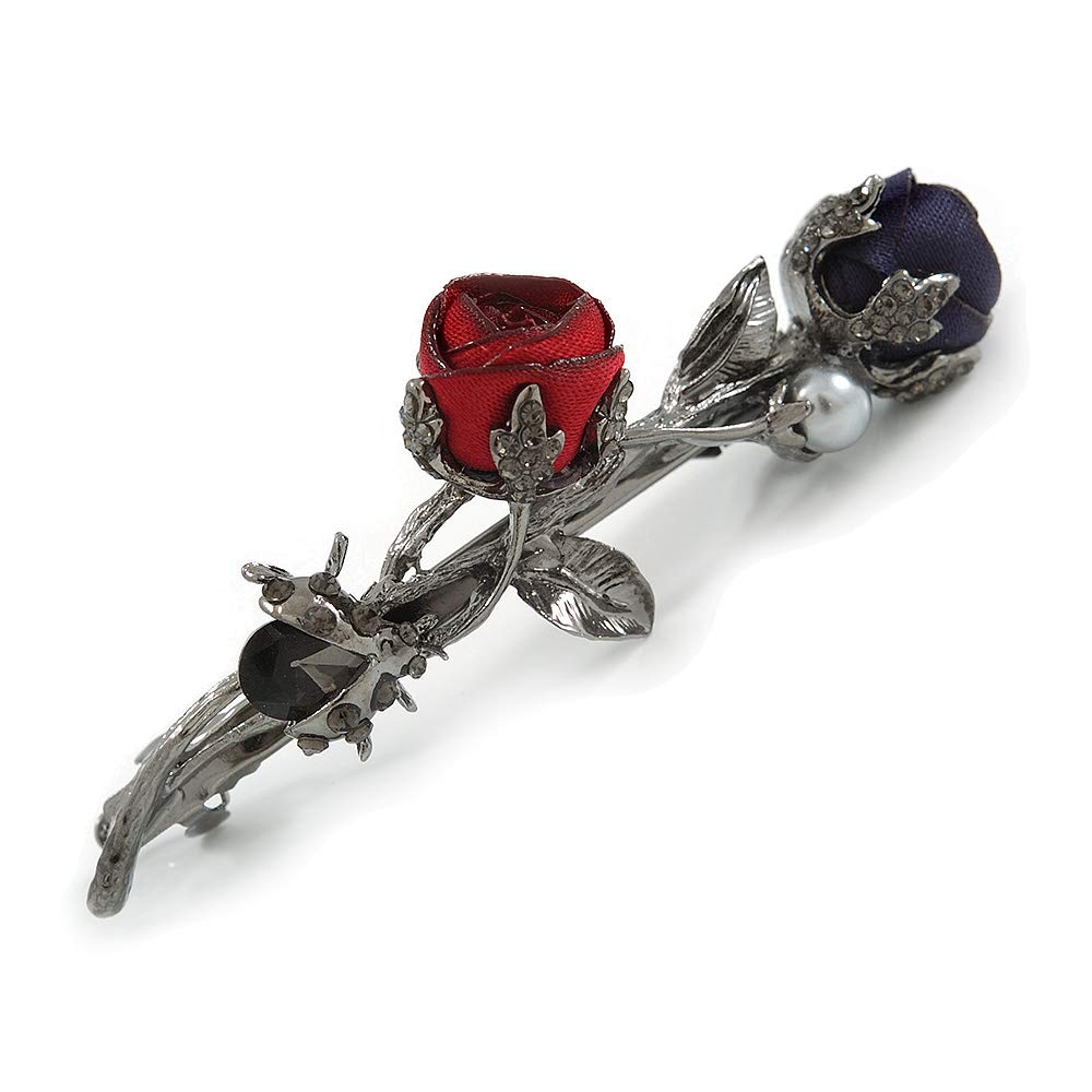 Vintage Inspired Dim Grey Crystal Rose Floral Barrette Hair Clip Grip In Gun Metal Finish - 75mm Across