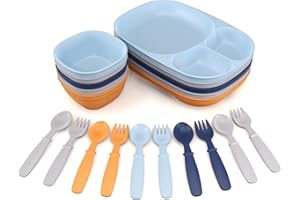 MIGHTYMOE Kid’s Dinnerware Set - 20 Pieces - Trays and Bowls - Tough Tableware for Toddlers - Made in the USA - Dishwasher and Microwave Safe - BPA Free and Shatter Resistant (Sunset)