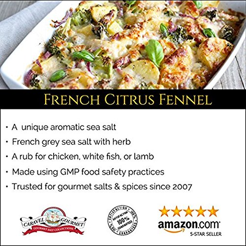 French Citrus Fennel Sea Salt- Pure French Grey Sea Salt Blended W/ Fennel Seeds Orange Peel Coriander & White Peppercorn- Gluten Free No-MSG Non GMO Cooking & Finishing Salt- 8 OZ Total Stackable Jar