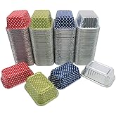 KitchenDance Disposable Aluminum Mini Loaf Pans without Lid - 6 Ounces Rectangular Individual Aluminum Foil Pan for Cakes, Cobblers - Oven Safe Aluminum Baking Pans, #4004 (Blue Polka Dot, 50)