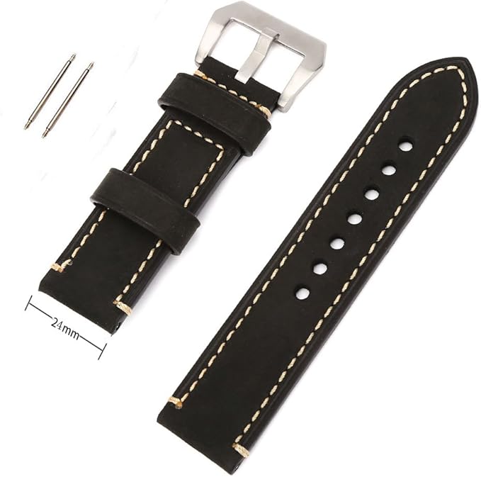 Black 24mm Width Genuine Leather Wristwatch Band Men Watch Strap