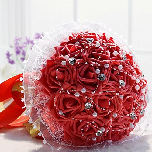 Hestian 18pcs Red Rose with Rhinestone,pearls Chains Stain Ribbon Handle Bridal Wedding Bouquet Silk Rose Hand Tie