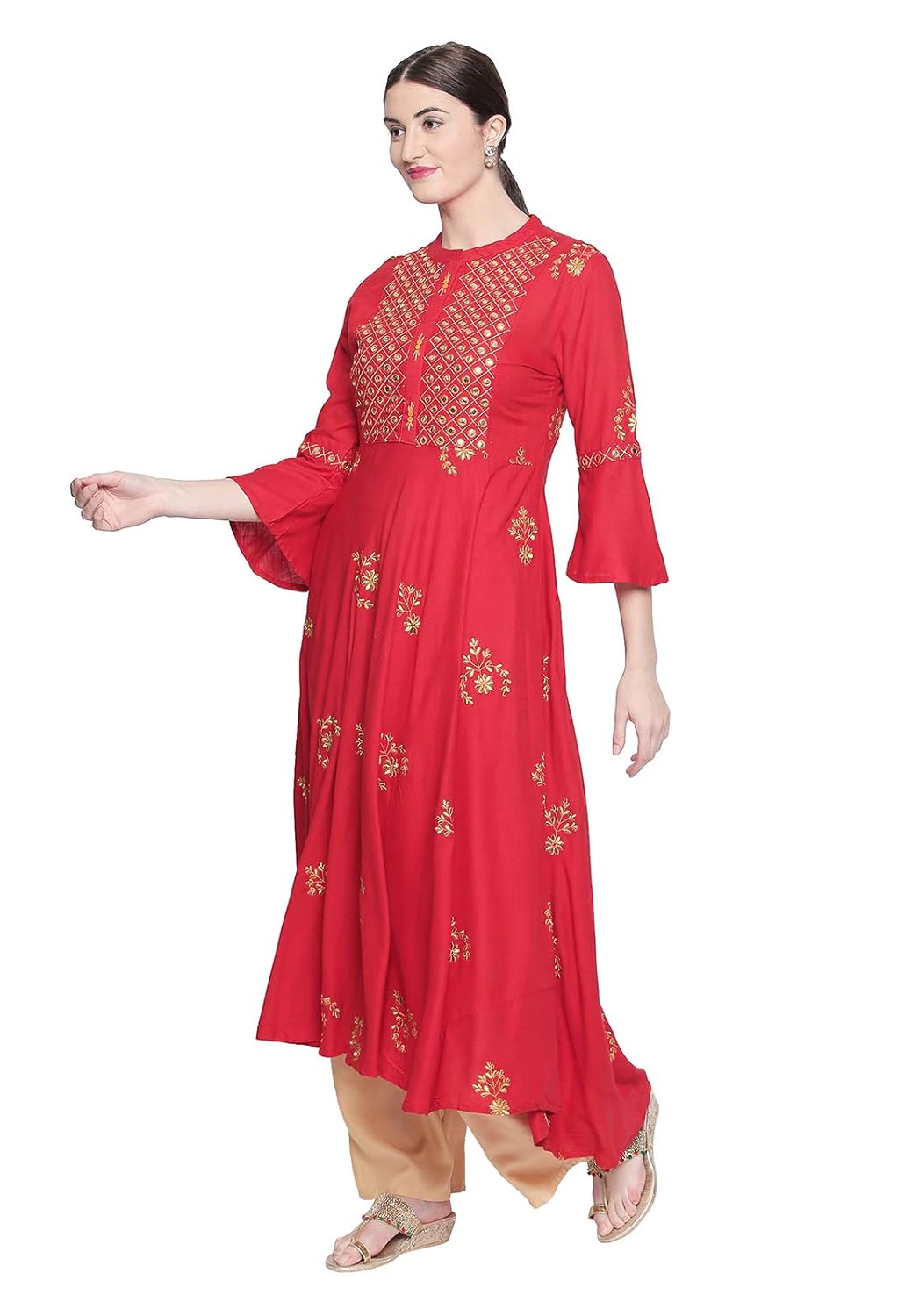 ishin women's red & beige rayon anarkali embroidered kurta palazzo sets