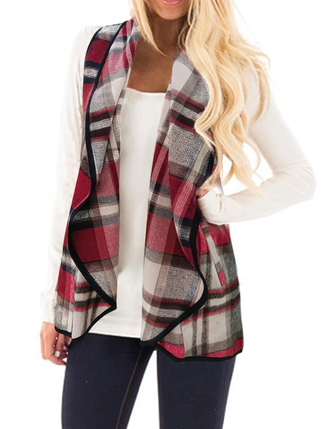Photo 1 of YACUN Women Plaid Vest Lapel Open Front Sleeveless Jacket Outerwear Cardigan with Pockets Redwhite M