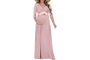 KIM S Maternity Maxi Dress with Flower Sash(S-3XL)/Wrapped Ruched V Neck Photoshoot Baby Shower Dresses