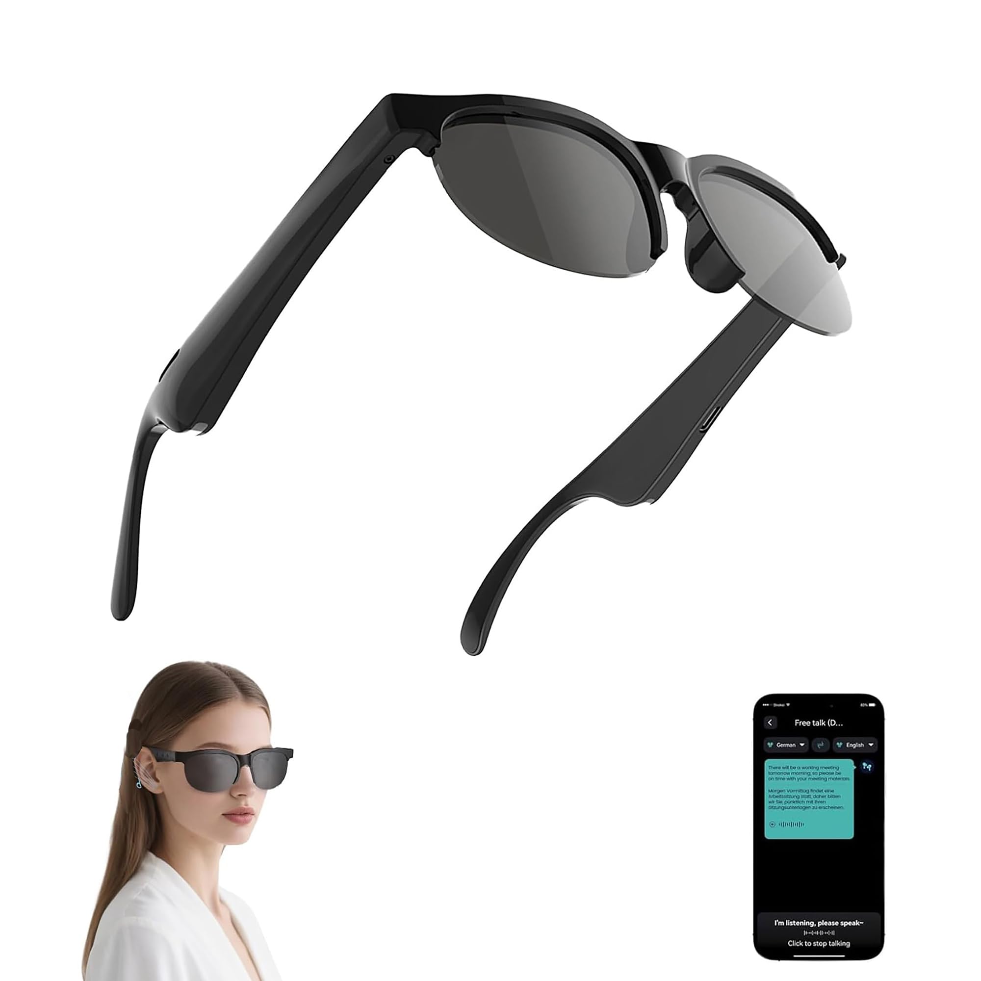 Photo 1 of Jcodgle AI Translator Smart Glasses with Bluetooth Audio, Photochromic Lenses, Voice Assistant (Black)
