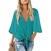 Kancystore Womens Button Down V Neck Tie Knot Front Tops 3/4 Sleeve Chiffon Casual Blouse Shirts