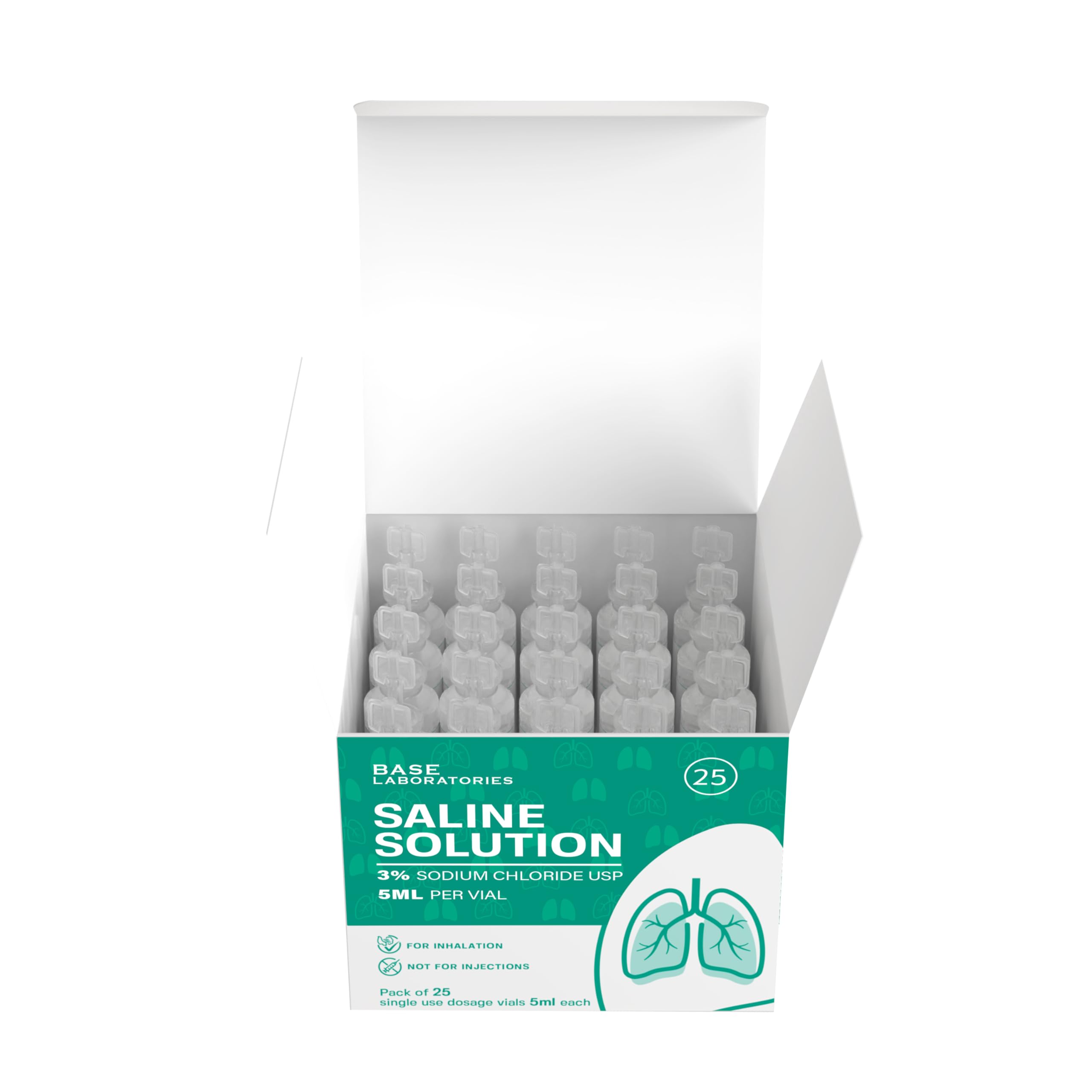BASE LABORATORIES 3% Saline Solution for Nebulizer Machine | Saline Solution for Inhalation & Nasal Irrigation | High 3% Concentration l 25 Vials 5ml Unit Dose