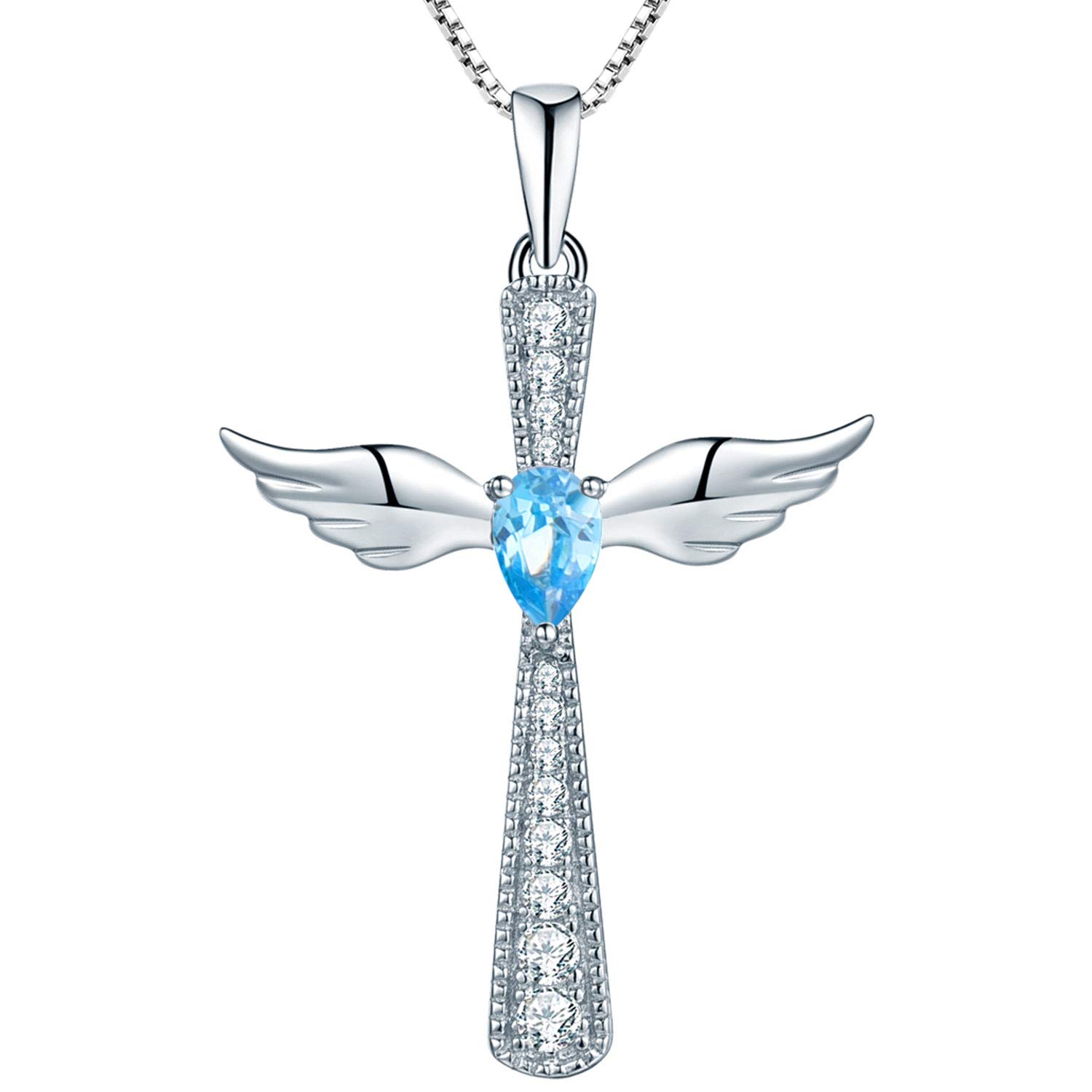 YL Cross Angel Wing Necklace 925 Sterling Silver March Birthstone Aquamarine Blue Cubic Zirconia Guardian Angel Pendant Necklace for Women