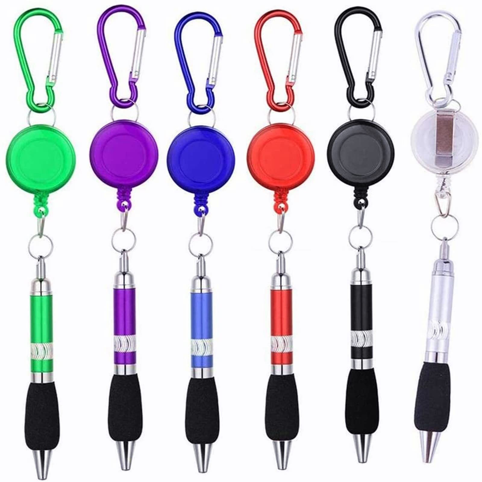 SevenMye 6 Pieces Clip On Pens Carabiner Pens Retractable Badge Reel Pen Belt Clip and Carabiner Keychain Ballpoint Pen, 6 Colors
