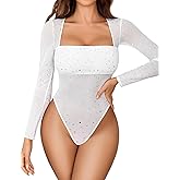 Avidlove Women's Trendy Sexy Square Neck Long Sleeve Rhinestone Sheer Mesh Bodysuits Tops