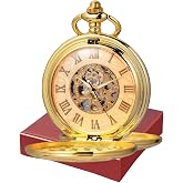 Udaney Vintage Style Mechanical Skeleton Pocket Watch with Roman Numerals - Hand-Wound Unisex Design &amp; Wooden Gift Box for Men Women