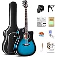 Rosen Solid Top Dreadnought Acoustic Guitar 41 Inches Spruce Guitar Beginner Bundle with Book, Padded Bag, Strings, Picks, Hexwrench, Strap, Polishing Cloth, Blue