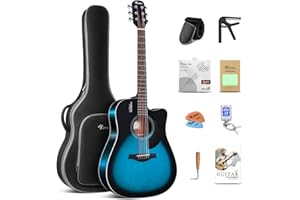 Rosen Solid Top Dreadnought Acoustic Guitar 41 Inches Spruce Guitar Beginner Bundle with Book, Padded Bag, Strings, Picks, Tu