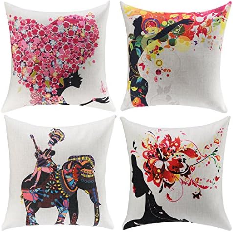 Daidu Charming girl Home Couch Decor Square Throw Pillow Cushion Covers 18x18 inches Set of 4,Cotton &amp; Linen