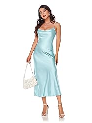 Women's Spaghetti Strap Midi Satin Silk Dresses