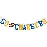 Go Chargers Banner - Chargers Party Sign, College Football Party Decor, Football Team Party Decorations Gold & Blue Glitter