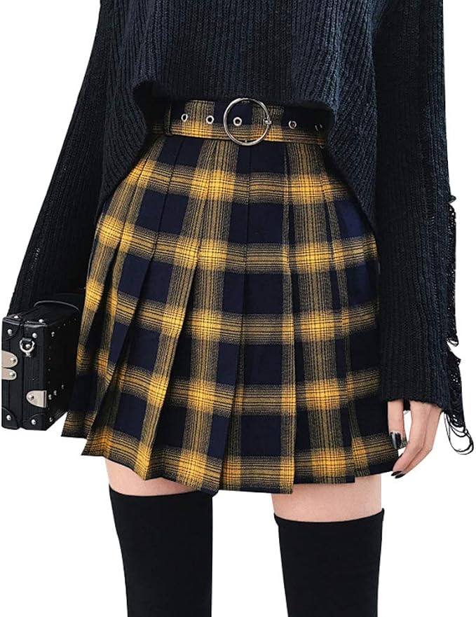 falda plisada de talle alto amarillo y negro