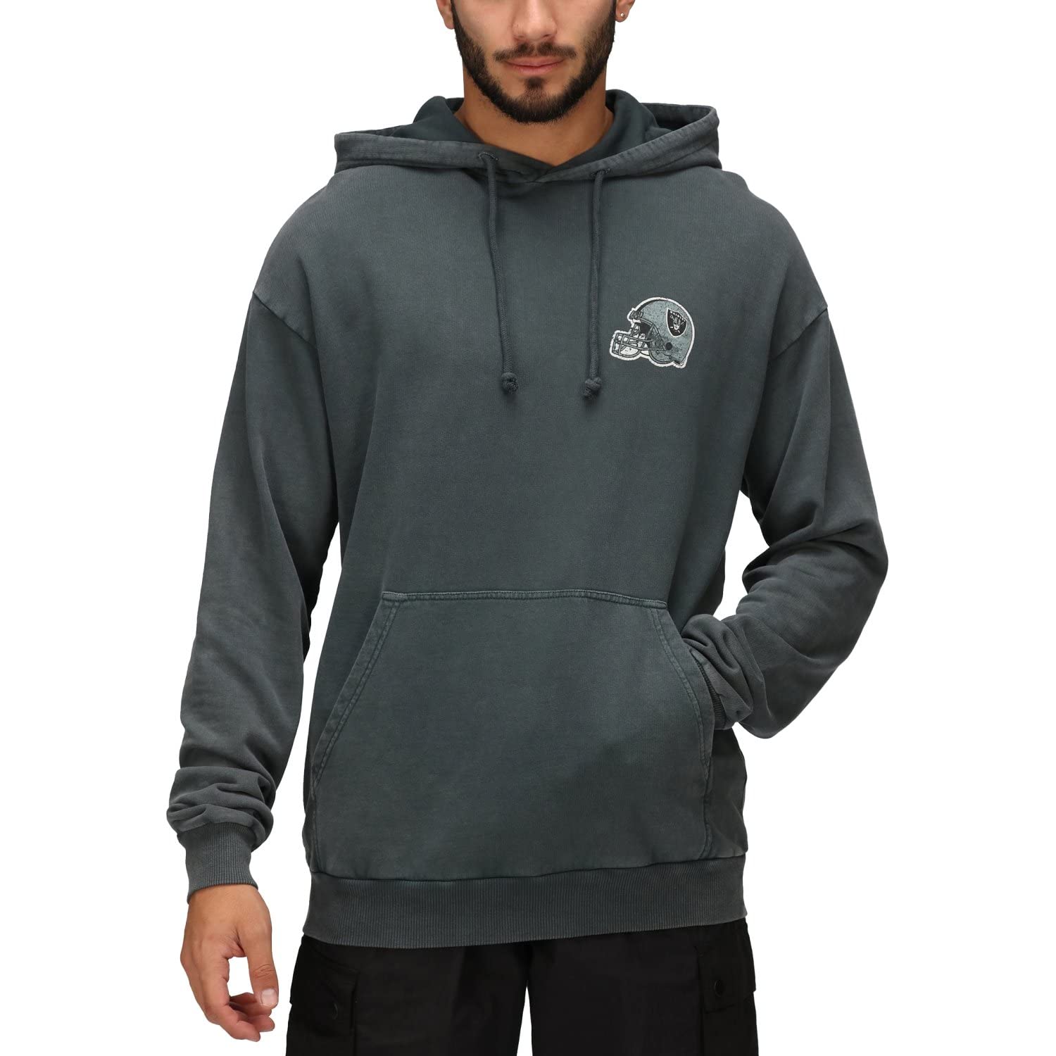 Recovered Las Vegas Raiders Mens Hoodie - Adults NFL Helmet Pocket Logo Washed Black Long Sleeves Cotton Pullover Jumper Hoody - Suitable for Sports - S