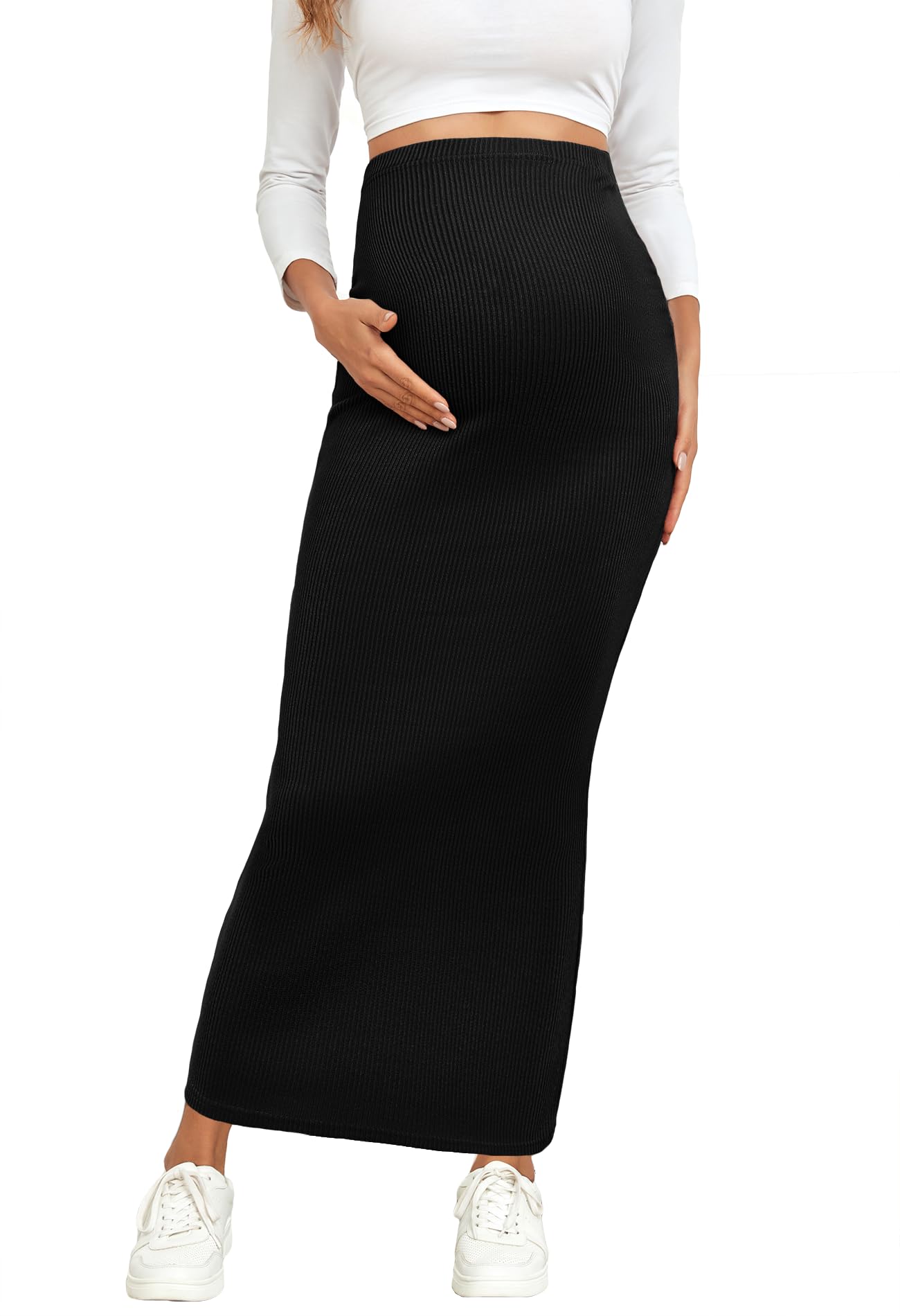 Photo 1 of AISWI 2024 Maternity Adjustable Waist Rib Knit Maxi Skirt Over The Belly Stretchy Pregnancy Long Pencil Skirts, Black, XXL
