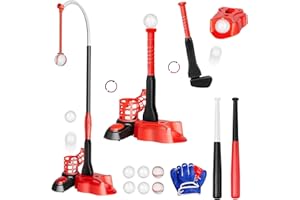 Eterfun 4-in-1 Baseball Set for Kids, Tee Ball Stand, Hanging T Set, 2 Retractable Bat, Batting Pitching Machine, Ball Launcher for Toddlers, with Baseball Gloves, Ground Stakes for Stability
