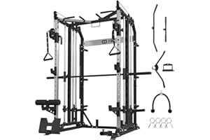 FAGUS H SmithMachine Power Cage, All-in-One Home Gym Squat Rack with Barbell, LAT-Pull Down & Cable Crossover System, Multi-Function Cage Training Equipment with Leg Hold-Down Attachment for Home Gym