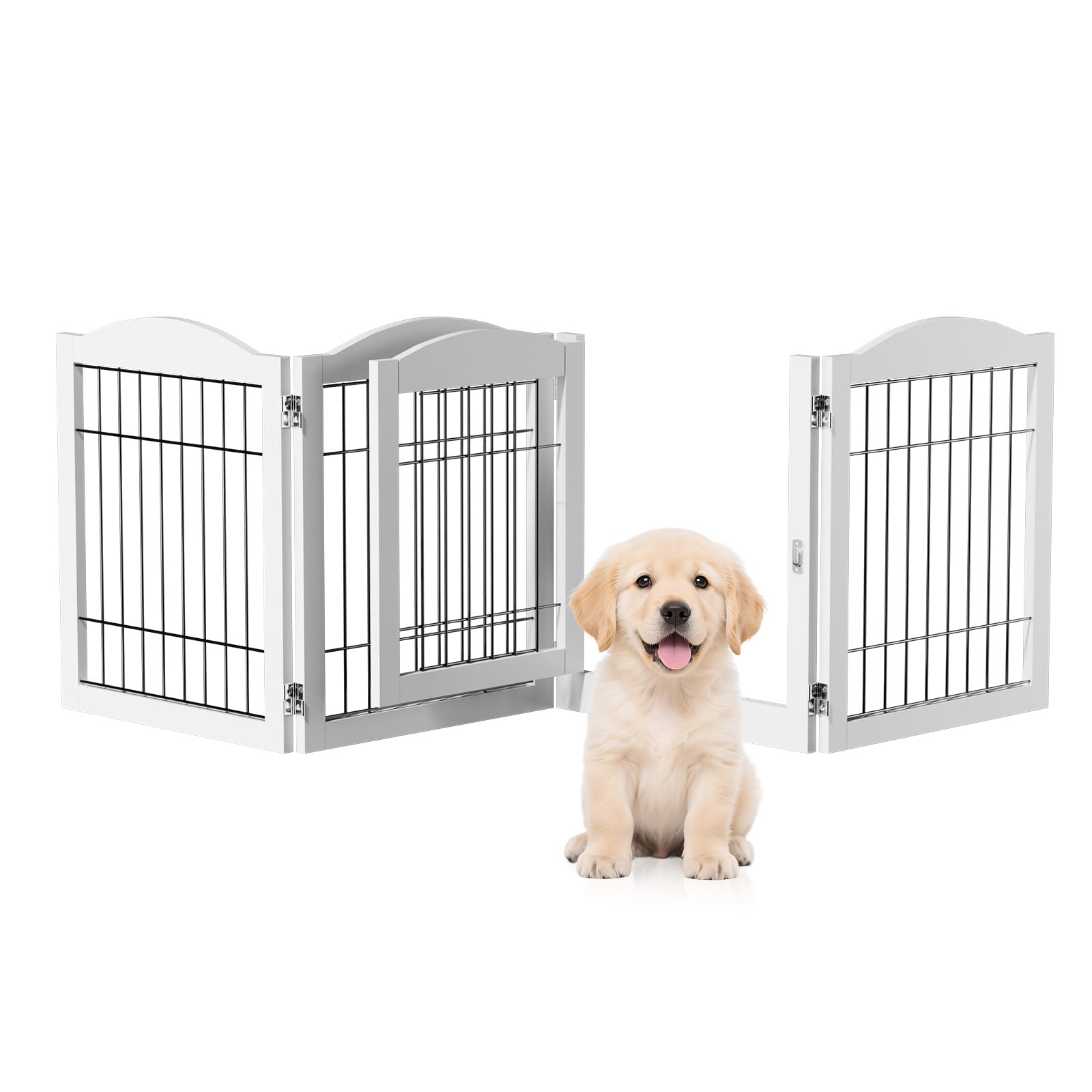 Bonnlo Freestanding Dog Gate, 24" H Pet Gate with 4 Panel Walk Through Door, Foldable Dog Safety Fence for Stairs Doorways Fireplace Up to 146'' Wide (White, 24" H-4 Panels with Door) Image