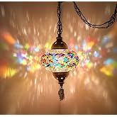 DEMMEX Plug-in Turkish Moroccan Mosaic Hanging Pendant Ceiling Light &ndash; Swag Lamp Fixture with 15ft Cord &amp; Chain, Handcrafted Glass, Tiffany Style, Mediterranean Decor (Multicolor)
