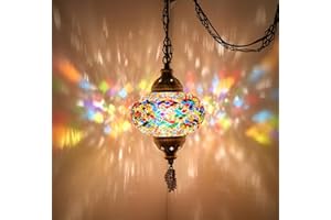 DEMMEX Authentic Turkish Mosaic Plug-in Swag Pendant Light Fixture, Large 6.5" Globe – Moroccan Hanging Ceiling Lamp - 15ft Cord & Chain, US/CA Plug, Exotic Mediterranean Decor, Handmade