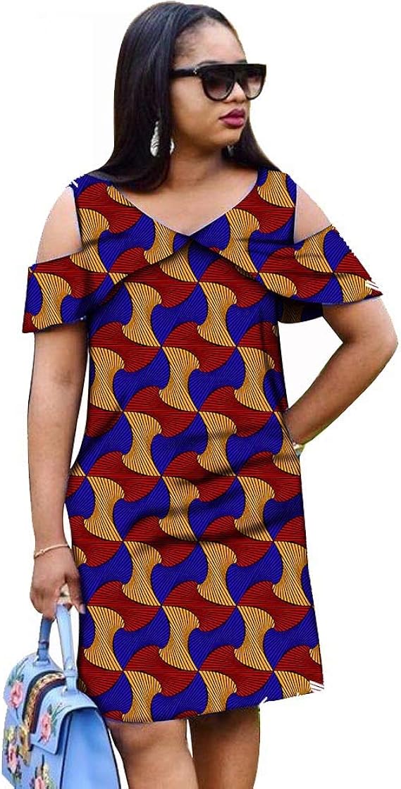 African Dresses for Women Print Mini Dress Off Shoulder VNeck Plus