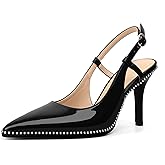 Esvowido Slingback High Heels for Women Pointed Closed Toe Pumps with Adjustable Buckle 3.5 Inch Slip on Beaded Dressy Shoes