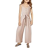 blibean Girls Sleeveless Jumpsuits Belted Wide Leg Romper with Pockets Size 6-15 Years
