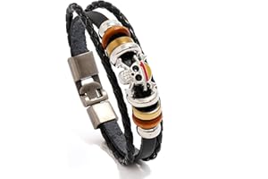 LVLA GAN Punk Piece Skull Leather Bracelets for Men, Anime Style Black Braided Bracelets Luffy Handmade Jewelry Wristband Strand Evil Eye Bracelets Halloween Gifts