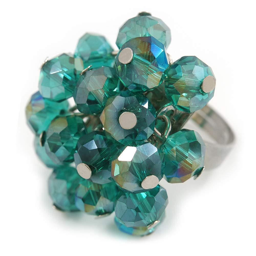Avalaya Teal Glass Bead Cluster Ring/Silver Tone Metal/Adjustable/Size 7/8