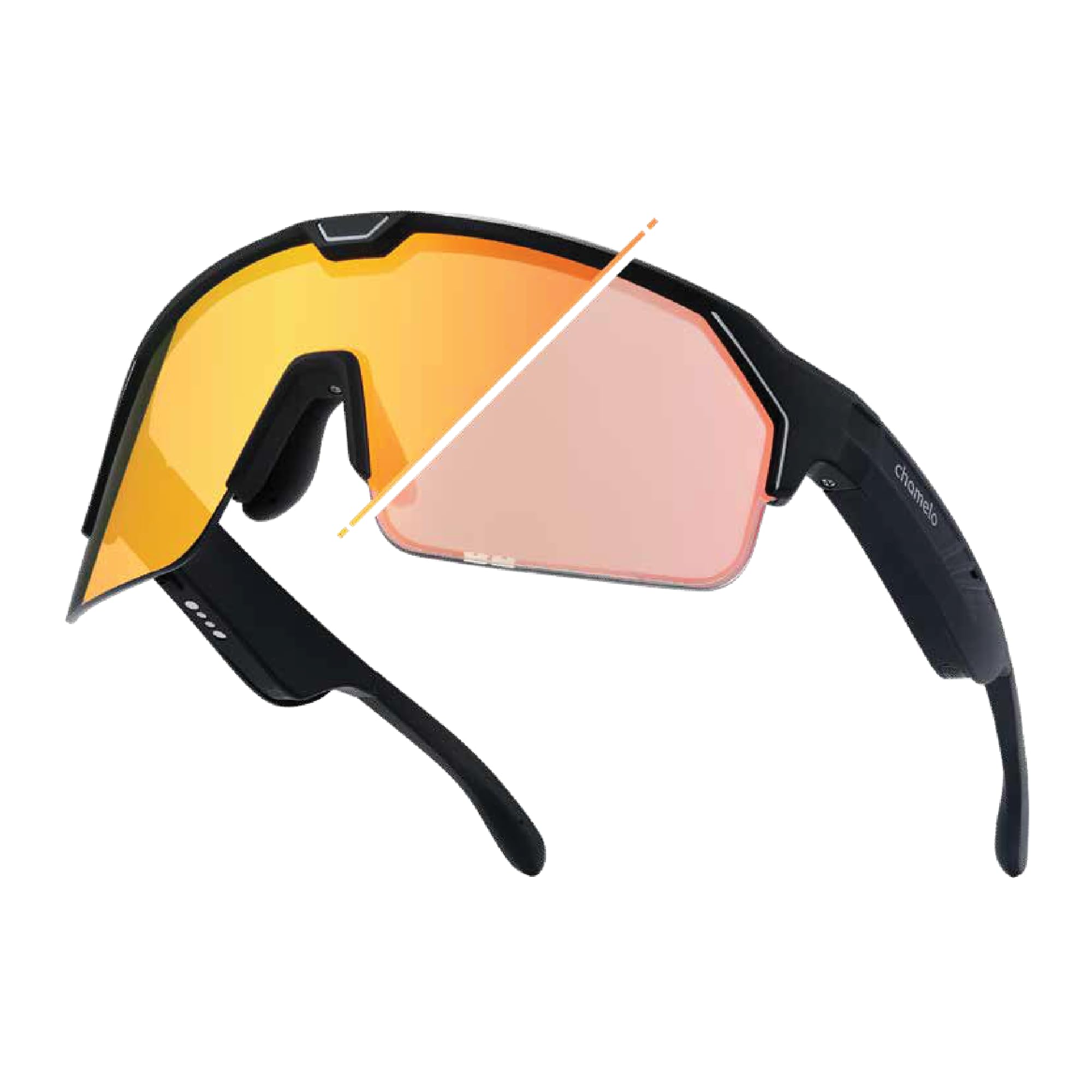 Photo 1 of CHAMELO Music Shield Smart Audio Sunglasses – Matte Black Frame, Fire Lenses | Open-Ear Bluetooth Glasses for Men & Women with Electronic Tint Control, Sweat Proof, Sports Eyewear, 100% UV Protection