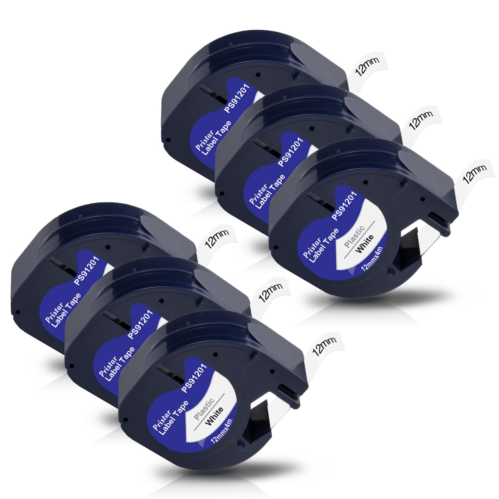 Pristar Compatible 91201 Label Tape Replacement for Label Tape 91221 91201 S0721660 for LT-100H LT-100T LT-110T QX50 XR XM 2000 Plus Plastic 12mm x 4m Black on White 6 Pack