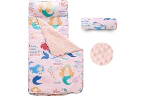 JUNCAI Toddler Nap Mat with Removable Pillow and Plush Blanket, Roll Up Napping Mats for Kids Ages 3-6 Years, Kid Sleeping Bag for Preschool Daycare Travel Camping, 53" x 23"