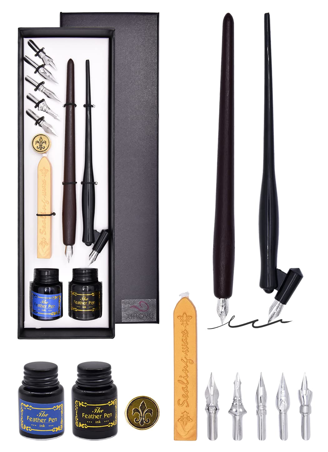 XIAOYU Vintage Woooden Dip Pen, Fountain Dip Pen, English Calligraphy Pen Set with Ink for Beginners, Dark Brown