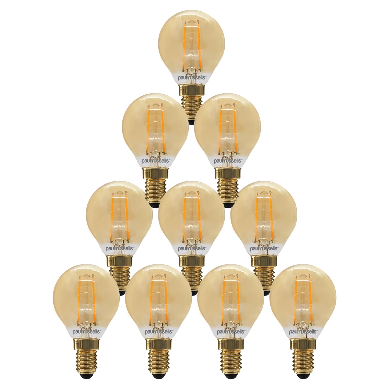 paul russells LED Filament Golf Ball Light Small Edison Screw E14, 20W Equivalent G45 Bulbs, 2.5W 200LM LED 2200K Amber Lamps, Home Ceiling Chandelier Energy Saving Lightbulbs, Pack of 10