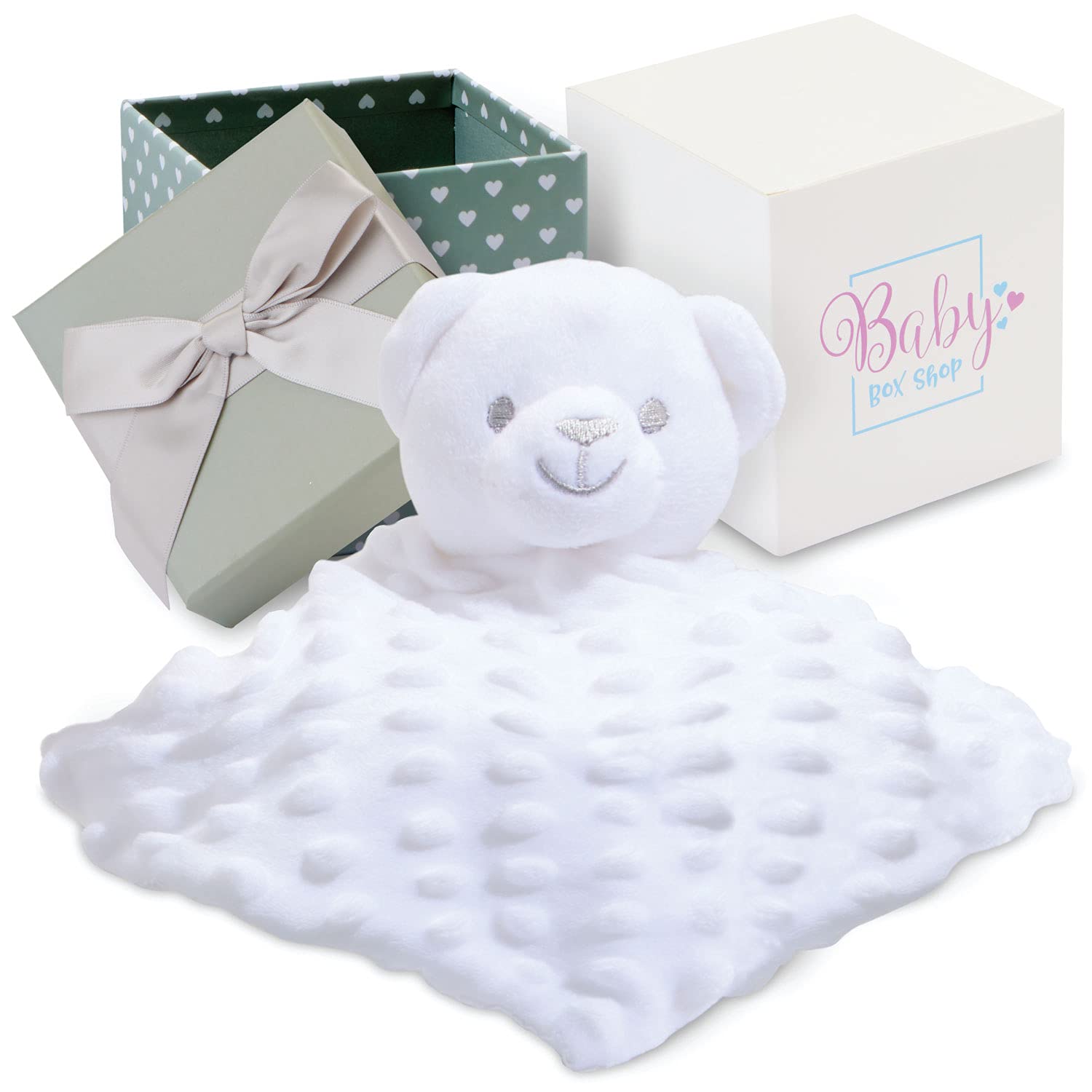 Baby Boy Grey Toy Comforter - Snuggly, Machine Washable Teddy Bear Blankie in a Cute 11cm x 11cm Gift Box