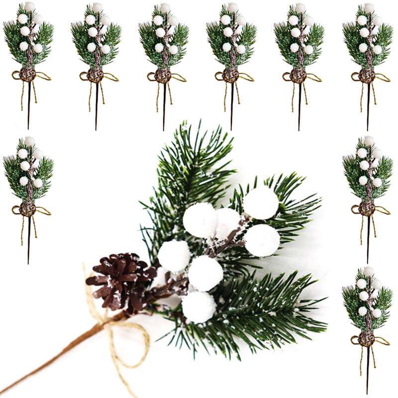 Photo 1 of 10 Pcs Christmas Berry Stems, Artificial Floral Picks Pine Cones for Crafts, Berry Branches Box Winter Holiday Home Decor, Garland, Wreath (White)